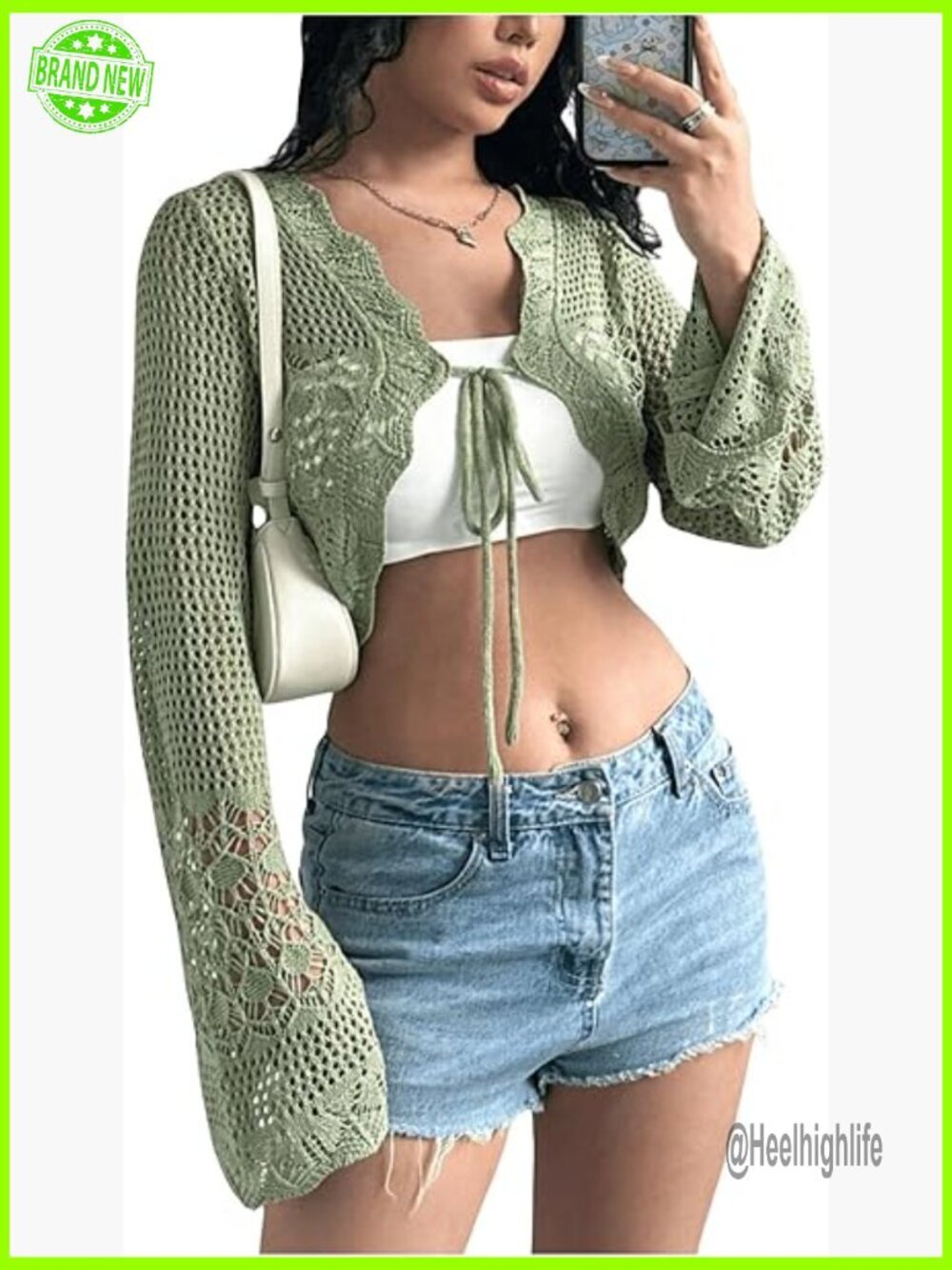 Large Cropped Cardigan Sheer Crochet Shrug Bell Sleeves Tie Front